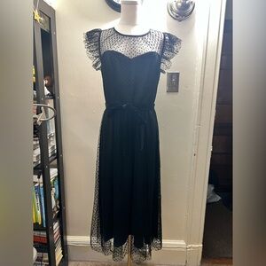 Jason Wu Elegant Black Mesh Polka-Dot Midi Dress with Belt Size 10